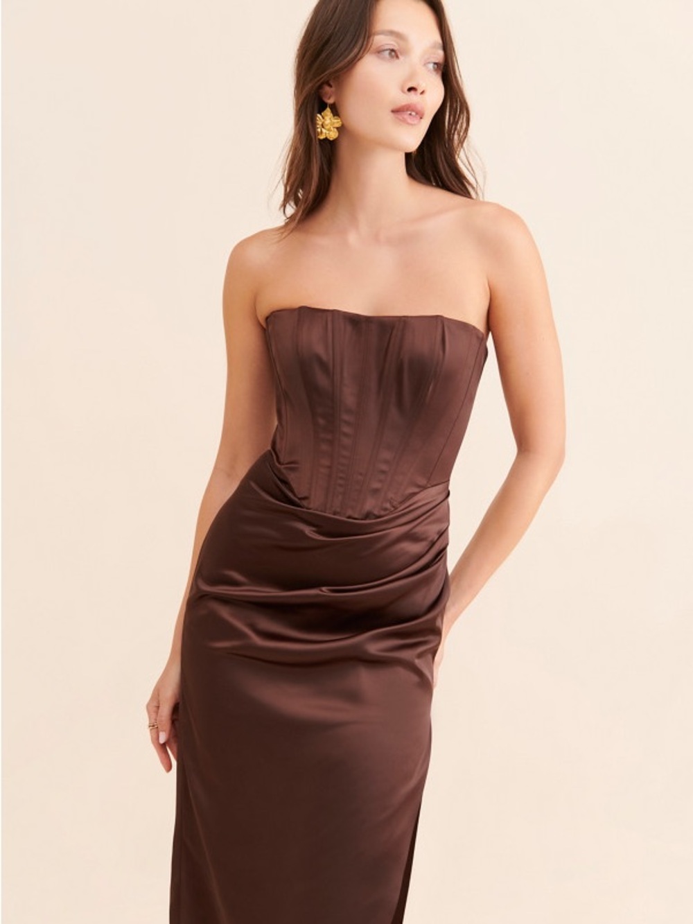 Bardot Strapless Everlasting Chocolate Brown Satin Corset Dress